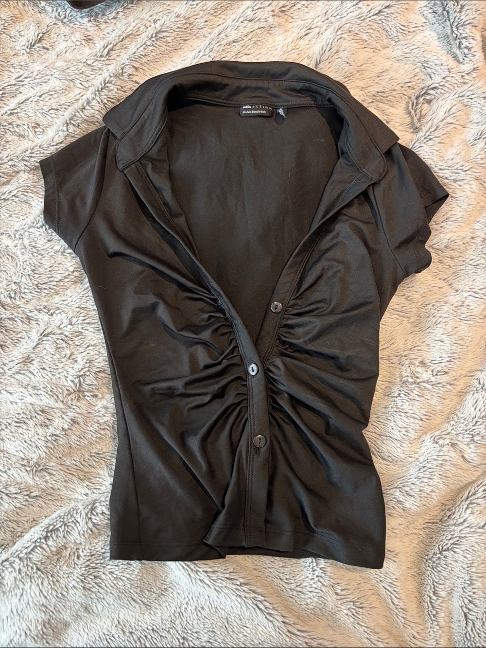 ASOS Black Ruched Front Button Short-Sleeve Blouse